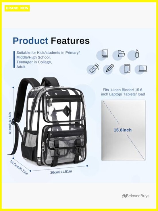 Clear PVC Backpack for School & Stadium Events, Heavy Duty Transparent Bookbag